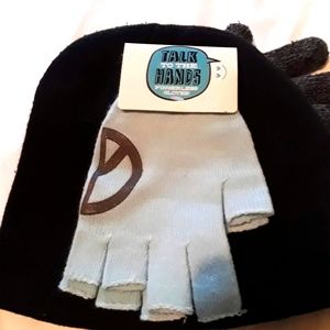 Talk to the hand/fingerless winter gloves/pale blue/peace sign/one size